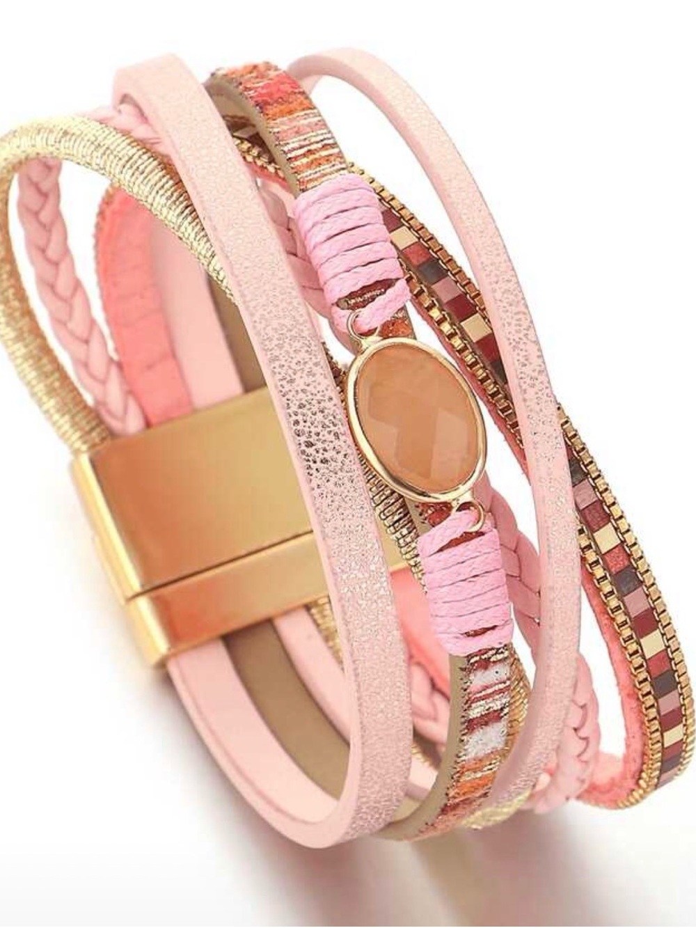 Pink Multi-Row Wrap Bracelet with Gold Accents
